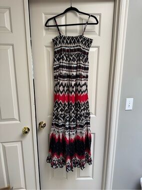 Smocked Top Maxi Dress in Black, White & Red